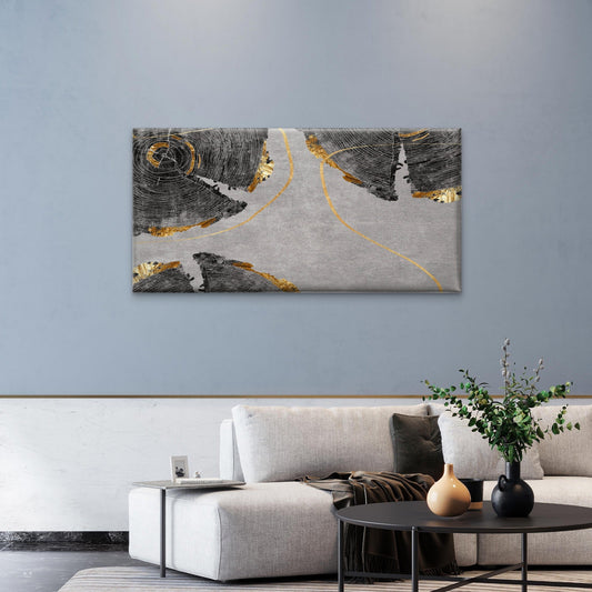 Abstract Grey And Gold Tree Rings Wood Grain Wall Art Canvas Office Home Room Framed 80x45cm