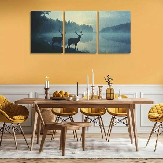 3pcs Nature Scene with Two Deer and Elk by the River Metal Print Ready to Hang Art