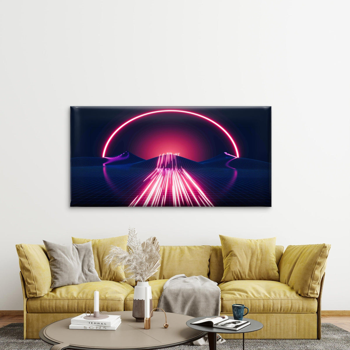 80s Synthwave Landscape Wall Art Canvas Office Home Room Framed 80x45cm