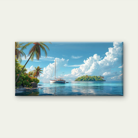 Tropical Island Sailboat Trees Wall Art Canvas Office Home Room Framed 80x45cm