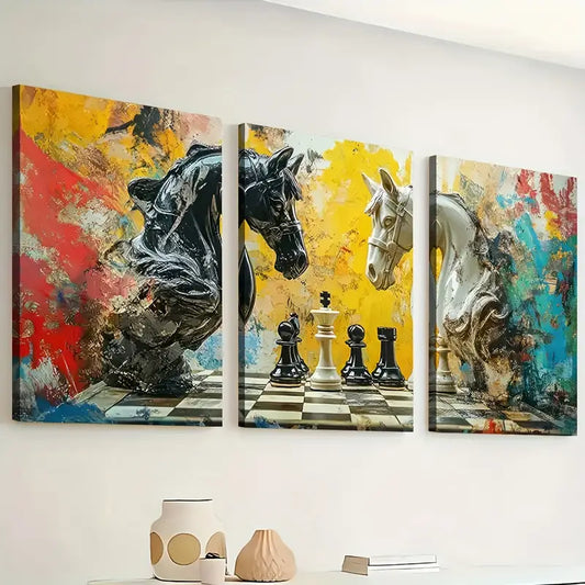 3pcs Modern Fashion Art Style Chess  Knight Art Wall Art Set Canvas Framed 40x60cm - High Quality Print 100% Australian Made Wall Canvas Ready to Hang