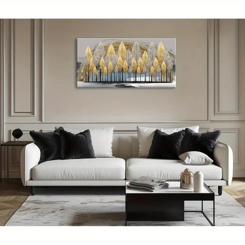 Abstract Leaf Golden Leaves Silver Wall Art canvas office home room framed 120x60cm