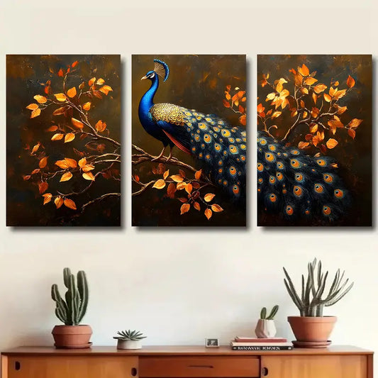 3pcs Peacock and Autumn Leaves Elegant Design Metal Print Ready to Hang Art