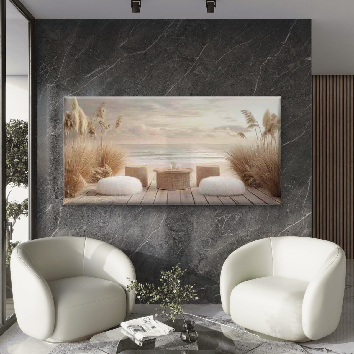 Serenity Scene with Wicker Wall Art Canvas Office Home Room Framed 80x45cm