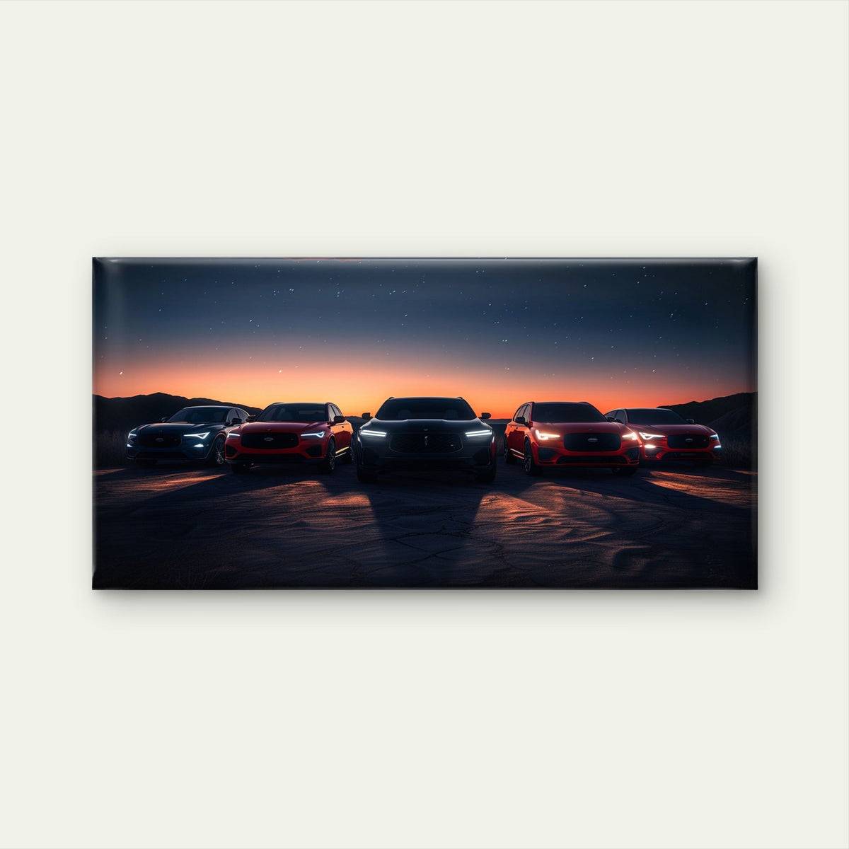 Five performance cars at sunset Wall Art Canvas Office Home Room Framed 80x45cm