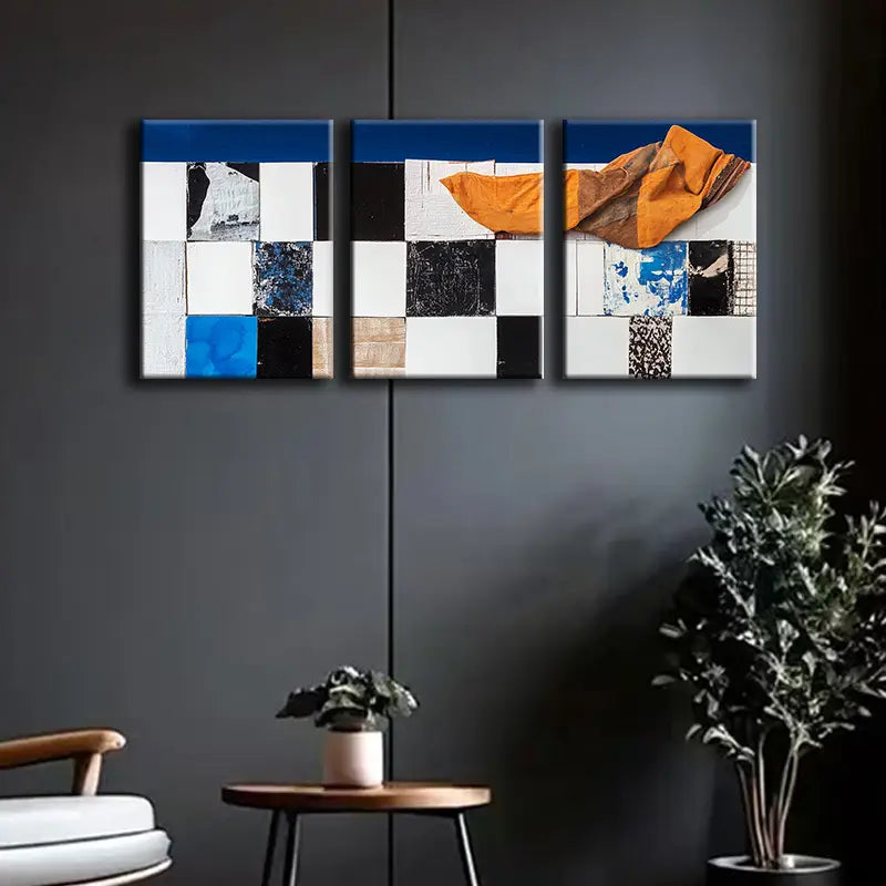 3pcs Blue and white in the grid Metal Print Ready to Hang Art
