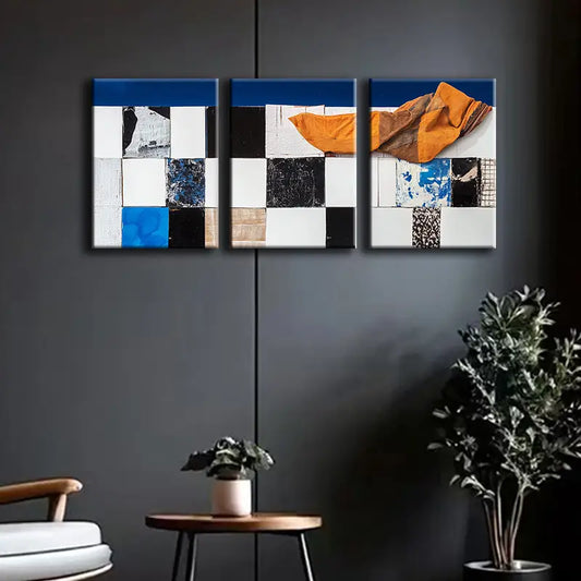 3pcs Blue and white in the grid Metal Print Ready to Hang Art