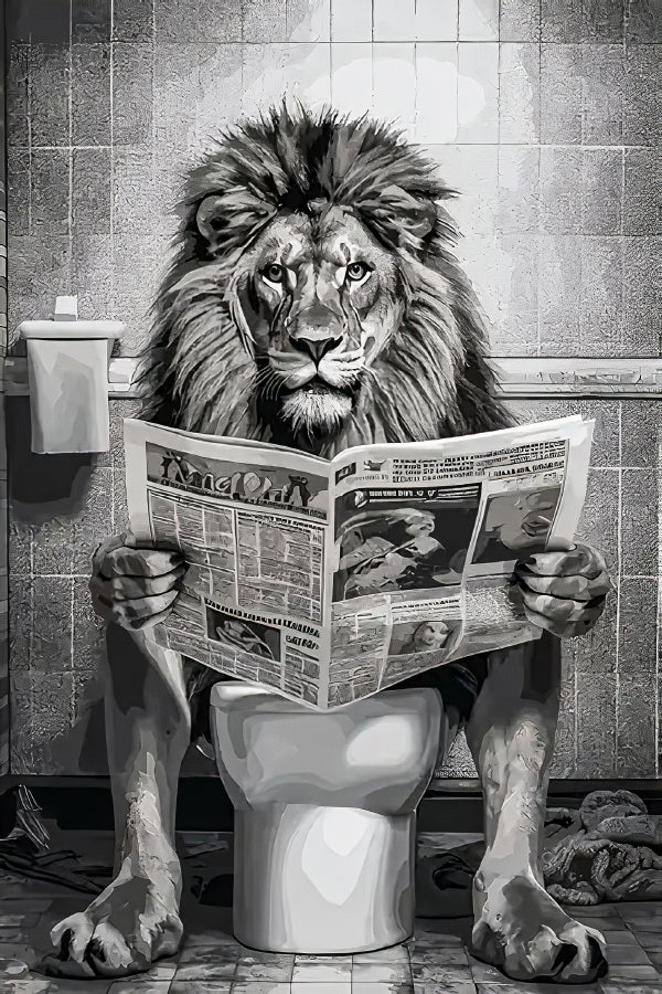 Lion On a Toilet Reading Newspaper Print 100% Australian Made 40x60cm Stretched Canvas Ready to Hang