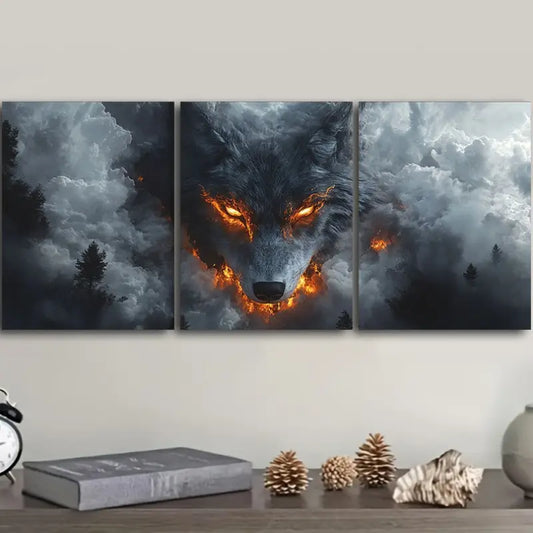 3pcs A White Wolf with Fiery Eyes Metal Print Ready to Hang Art
