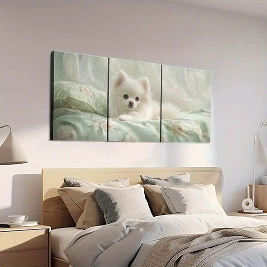 3pcs Cute White Pomeranian Puppy Floral Bedding Metal Print Ready to Hang Art