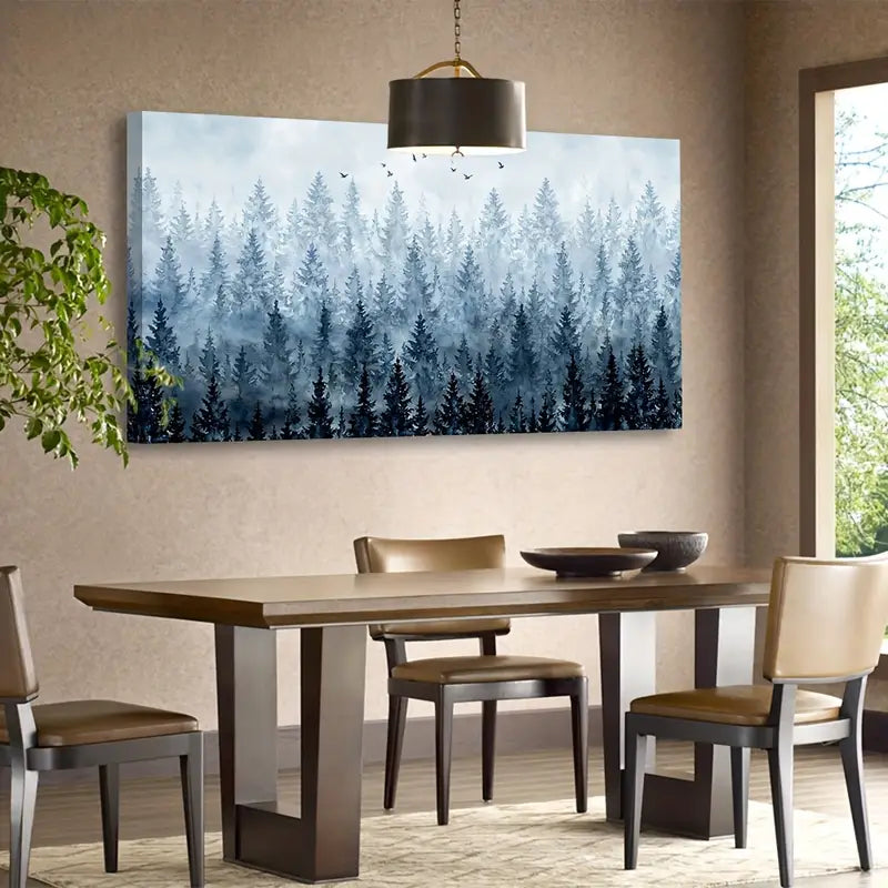 Misty Winter Forest Snowy Foggy Trees & Birds Wall Art canvas office home room framed 80x45cm