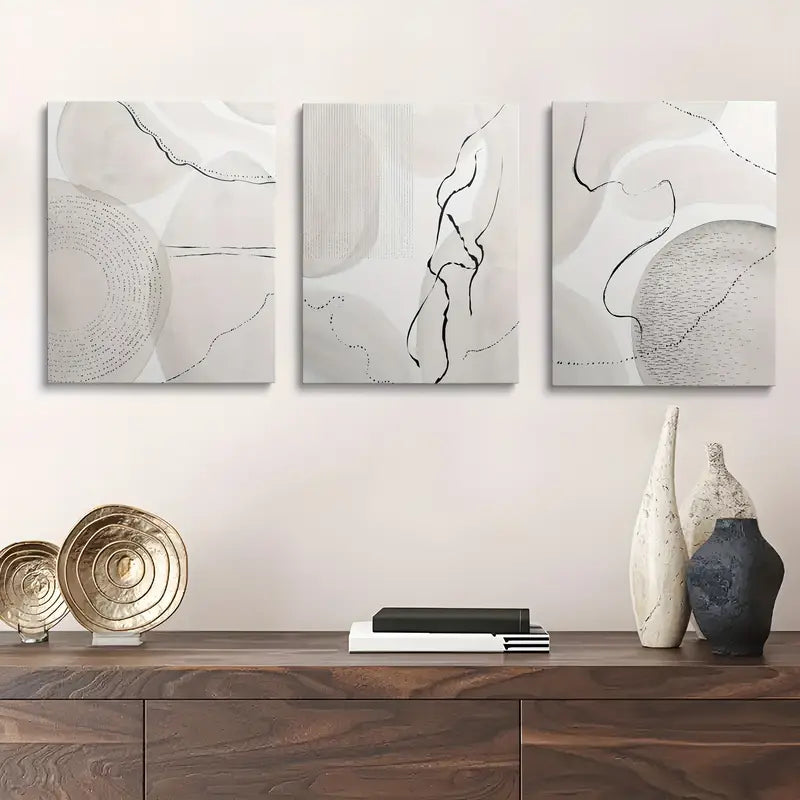 3pcs Black, White, Beige & Brown Geometric Design Metal Print Ready to Hang Art