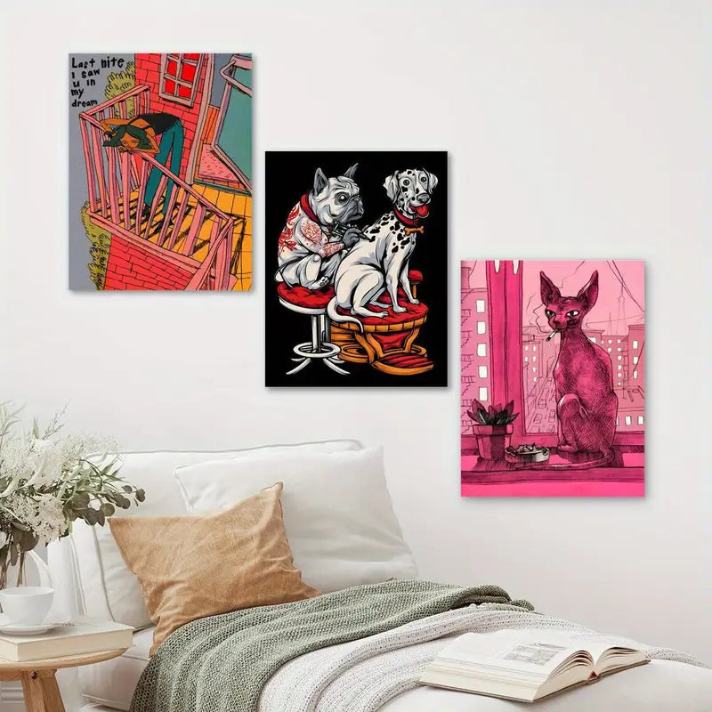 3pcs Dog tattoos, mischievous cats Cartoon Painting Metal Print Ready to Hang Art