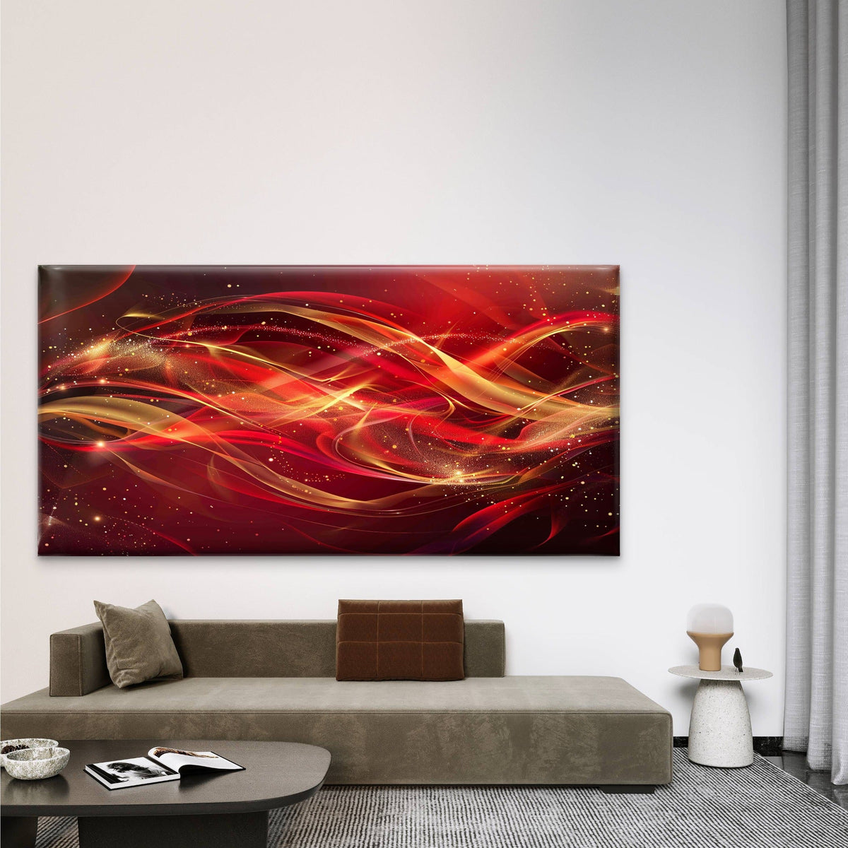 Red and Gold Swirl on Black Wall Art Canvas Office Home Room Framed 120x60cm