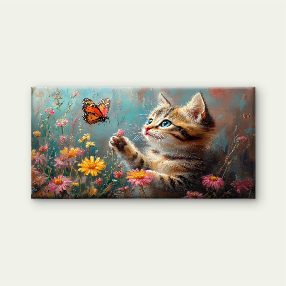 Cute Tabby Kitten Butterfly Flower Wall Art Canvas Office Home Framed 80x45cm