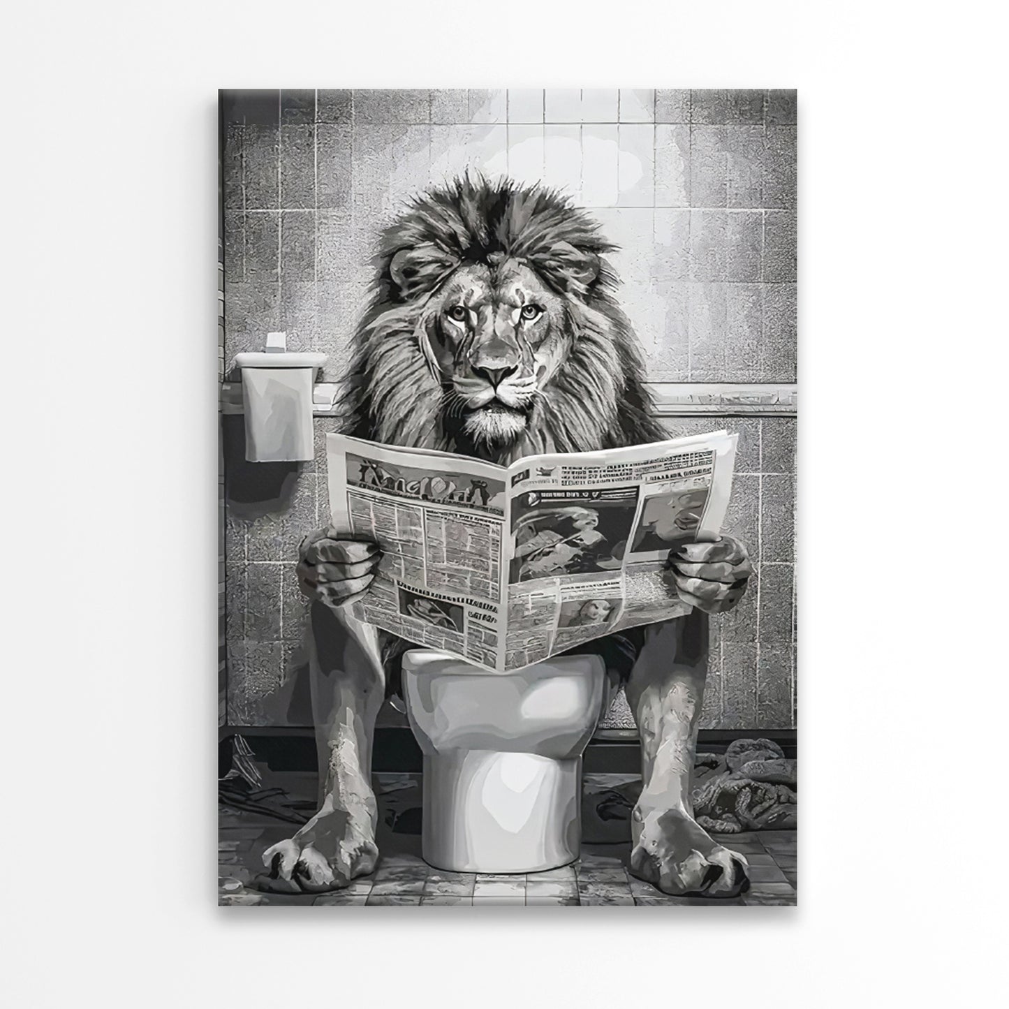 Lion On a Toilet Reading Newspaper Print 100% Australian Made 40x60cm Stretched Canvas Ready to Hang