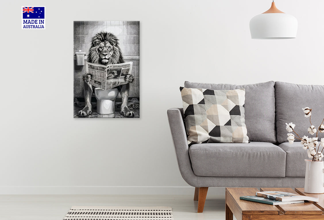 Lion On a Toilet Reading Newspaper Print 100% Australian Made 40x60cm Stretched Canvas Ready to Hang