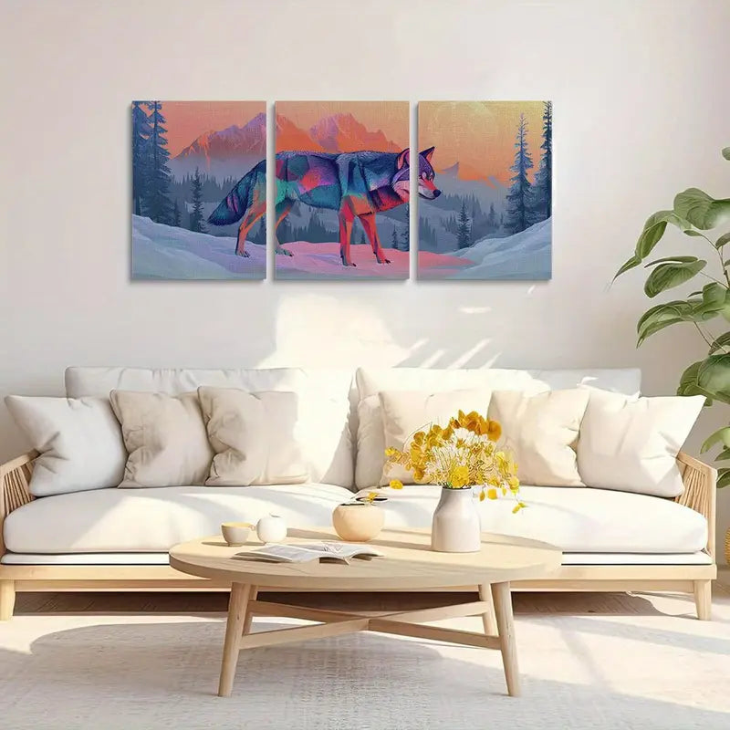 3pcs Colorful Wolf in Winter Vibrant Painting Metal Print Ready to Hang Art