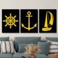 3pcs Yellow anchor, sailboat, Golden nautical silhouette Metal Print Ready to Hang Art