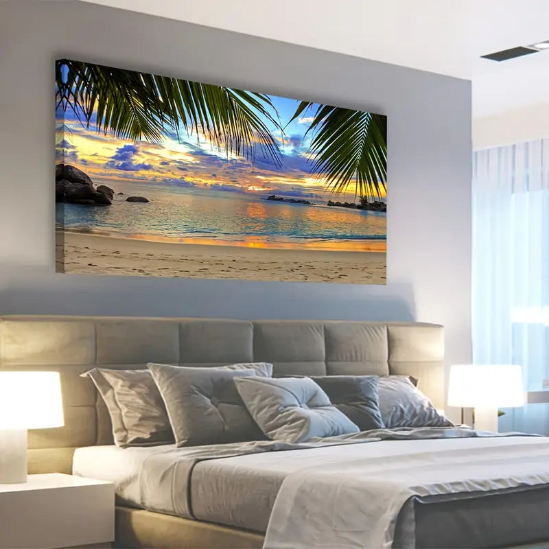 Beach Sunset Summer Ocean Palm Leaf Nature Wall Art canvas office home room framed 120x60cm