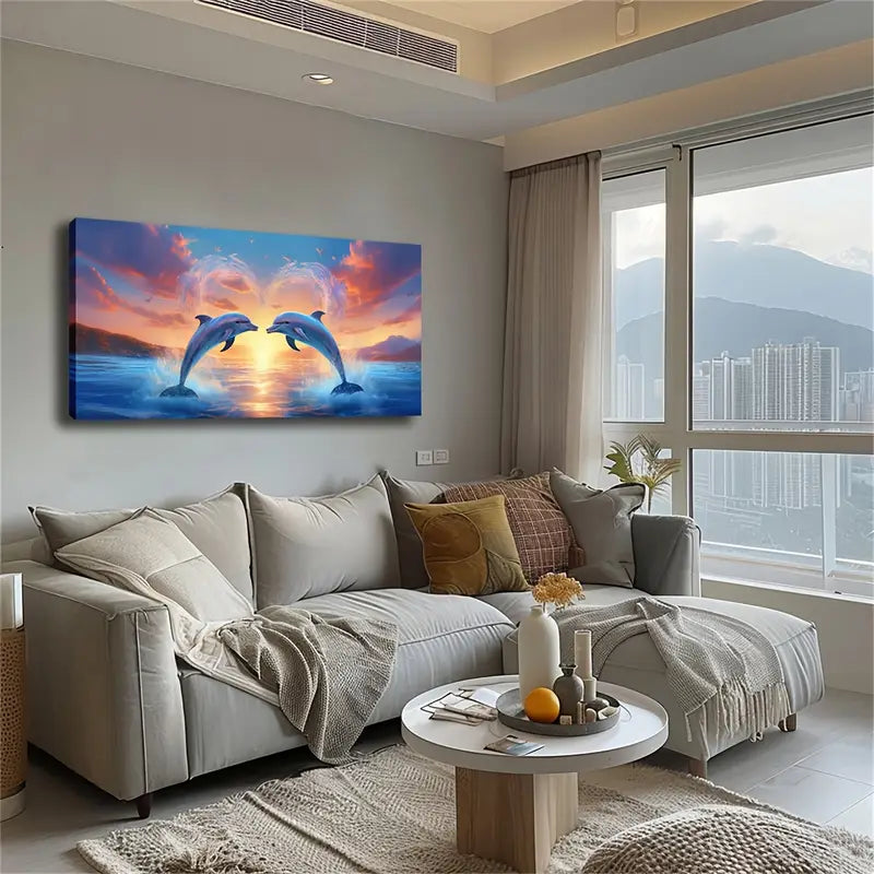 Two Dolphins on The Sea Wall Art Canvas Office Home Room Framed 120x60cm