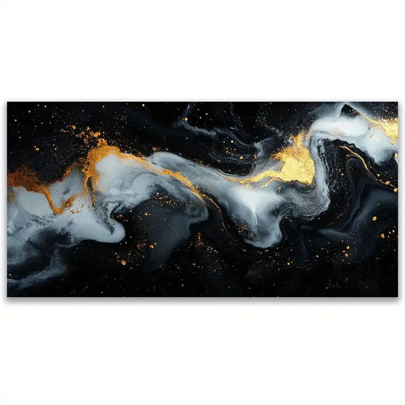 Abstract Cosmic Black Golden White Swirl Wall Art canvas office home room framed 120x60cm