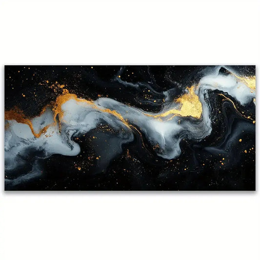 Abstract Cosmic Black Golden White Swirl Wall Art canvas office home room framed 120x60cm