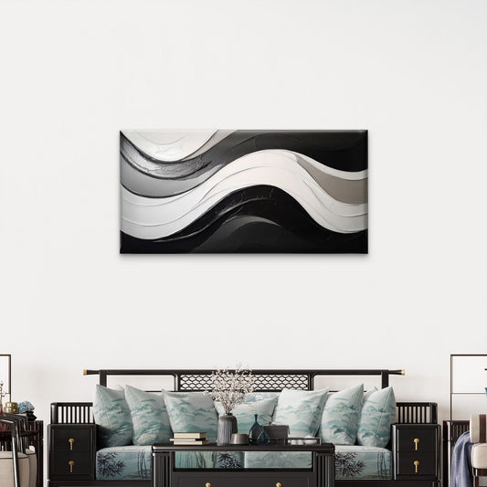 Modern Black White Abstract Wave Wall Art Canvas Office Home Framed 80x45cm