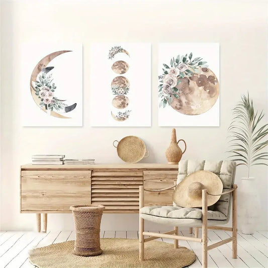 3pcs Celestial with Floral & Botanical Moon Design Metal Print Ready to Hang Art