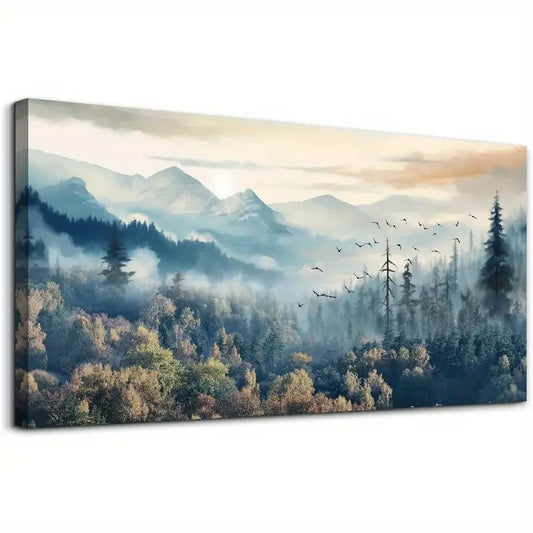 Foggy Forest Trees Mountains & Birds Wall Art canvas office home room framed 80x45cm