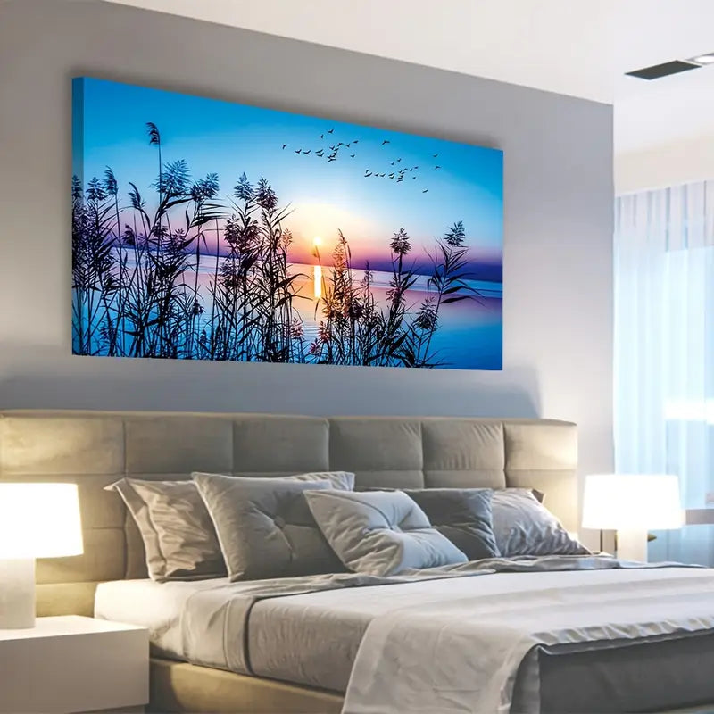 Sunset Lake Flying Birds Grasses Wall Art canvas office home room framed 120x60cm