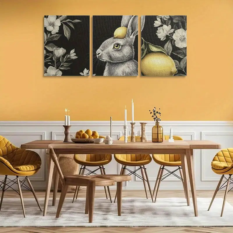 3pcs Gray Rabbit with Lemons in Ears Floral Metal Print Ready to Hang Art