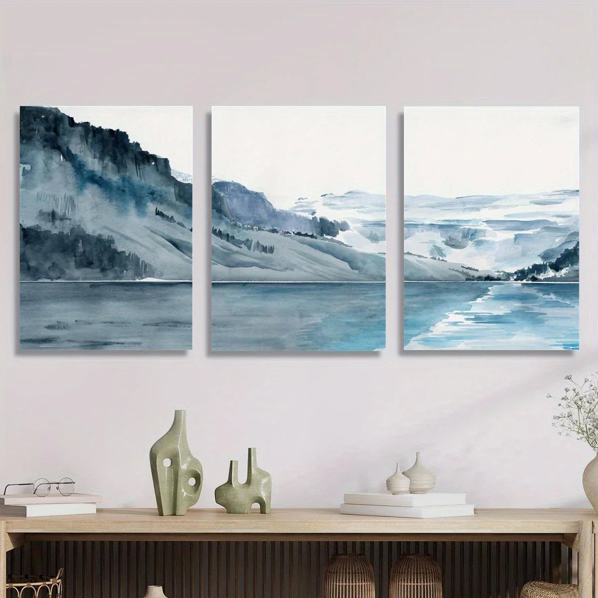 3pcs Winter Fjord Glacier, Glacial Lake Painting Metal Print Ready to Hang Art