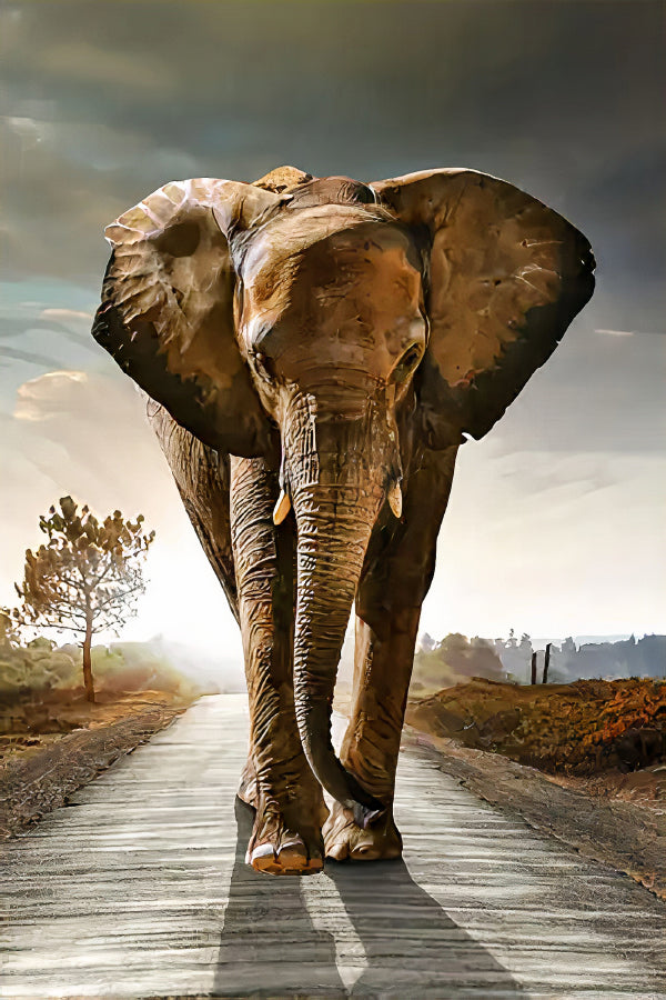 Majestic Elephant Strolling Down Road Print 100% Australian Made 40x60cm Stretched Canvas Ready to Hang