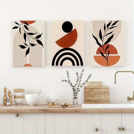 3pcs Boho Mid Century Modern, Neutral Color Design Metal Print Ready to Hang Art