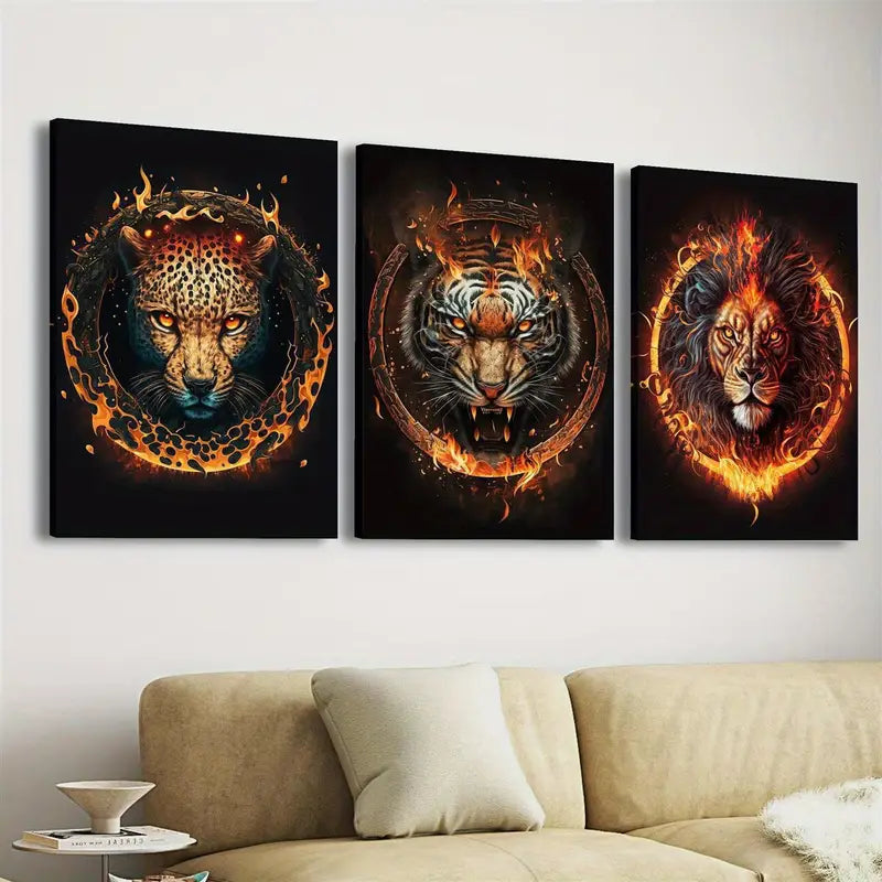 3pcs Leopard, Tiger, Lion with Fiery Flames Vibrant Animal Metal Print Ready to Hang Art