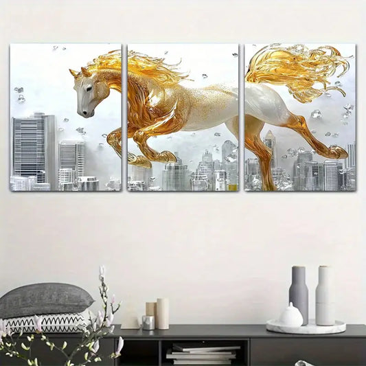 3pcs Sparkling Golden Horse in Mid-Gallop, Modern Cityscape Metal Print Ready to Hang Art