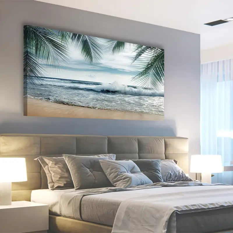 Tropical Beach Ocean Waves Blue Sky Palm Tree Leaves Scene Wall Art canvas office home room framed 120x60cm
