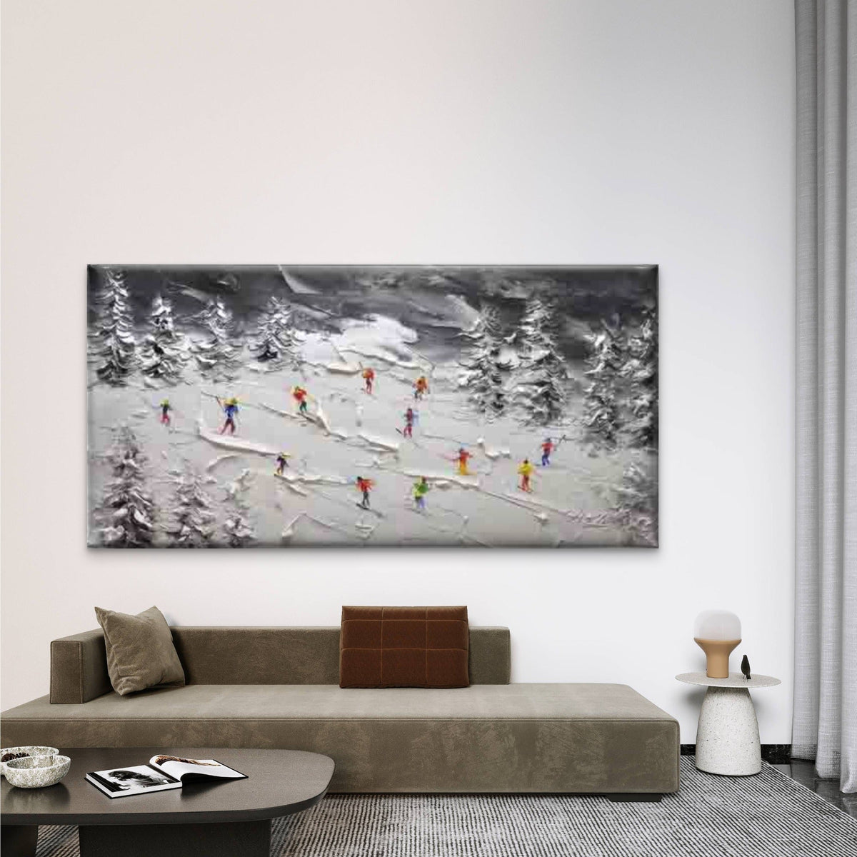 Skiers in Snowy Mountain Forest Wall Art Canvas Office Home Room Framed 80x45cm