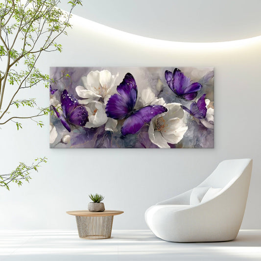 Purple Butterflies & Floral Wall Art Canvas Office Home Room Framed 80x45cm