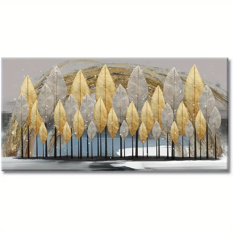 Abstract Leaf Golden Leaves Silver Wall Art canvas office home room framed 120x60cm