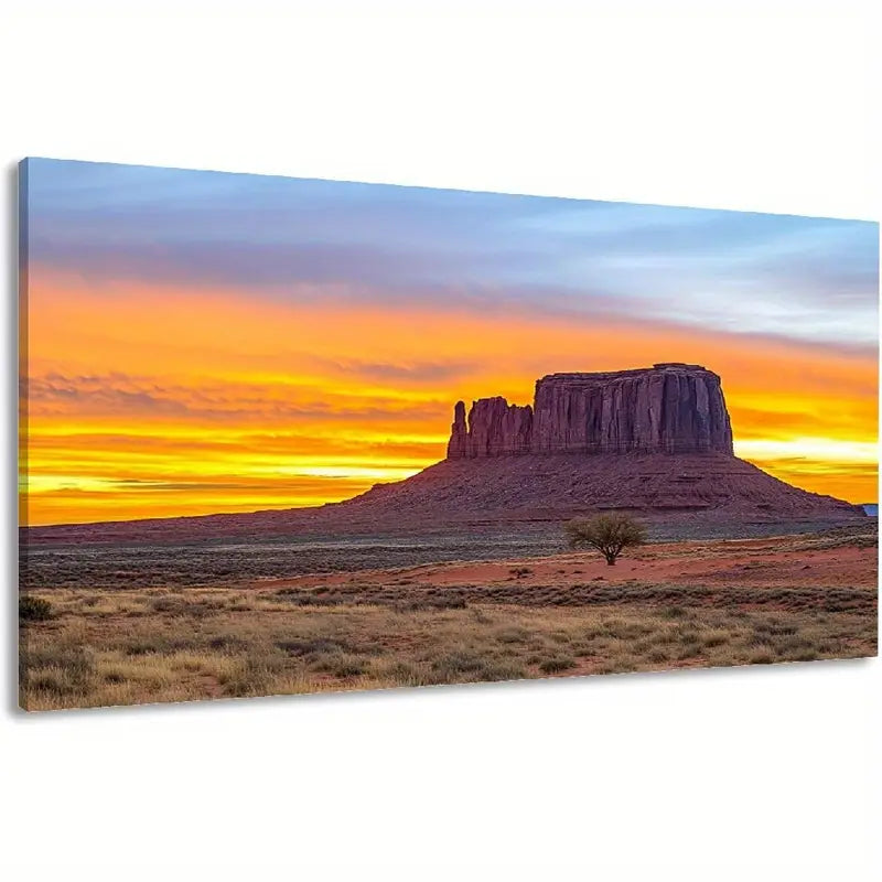 Desert Sunset Dawn Scenery Lone Tree & Rock Formations Vibrant Orange Yellow Blue Sky Wall Art canvas office home room framed 120x60cm