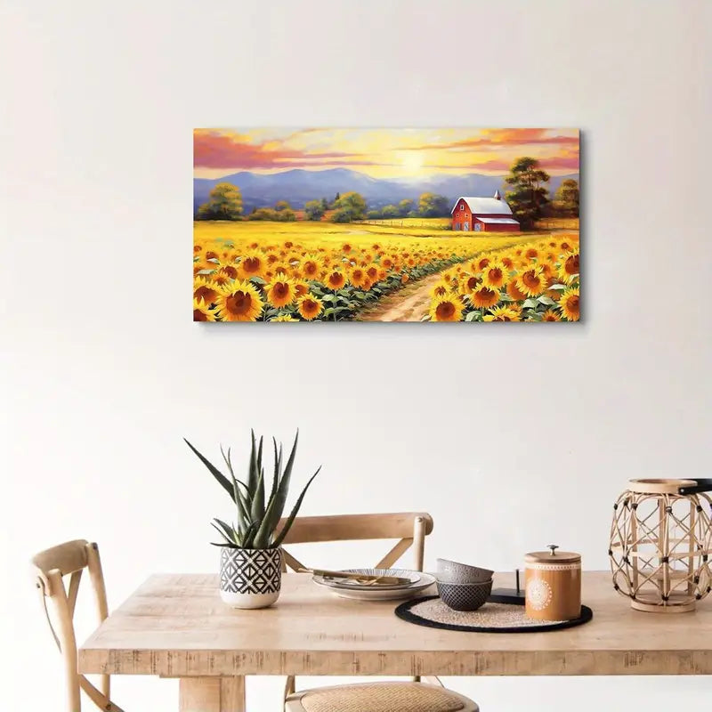 Sunflower Farmhouse Nature Mountain Sun Wall Art canvas office home room framed 80x45cm