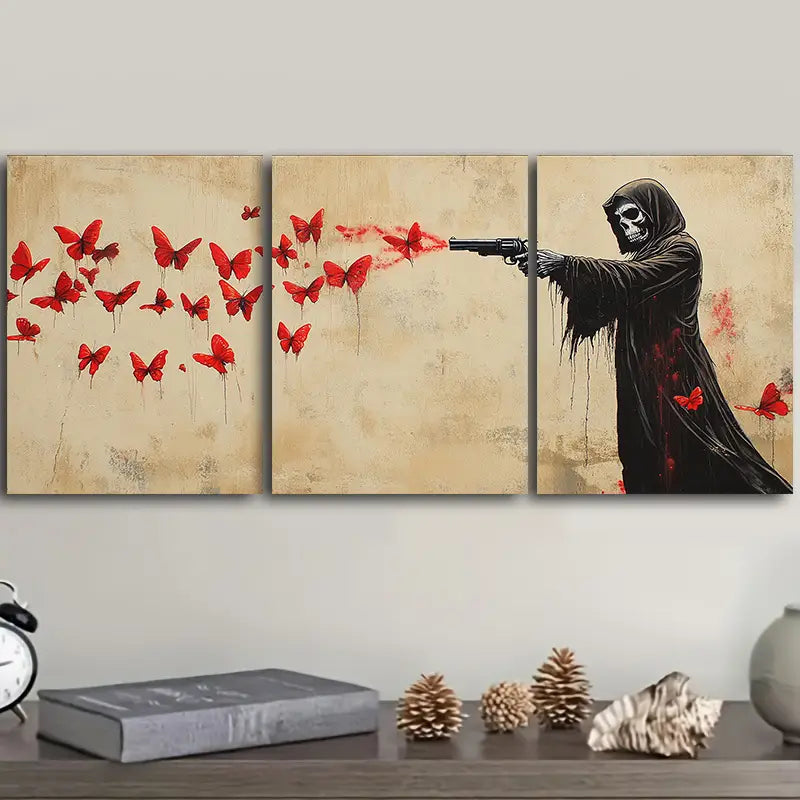 3pcs Death Shooting Red Butterflies Metal Print Ready to Hang Art