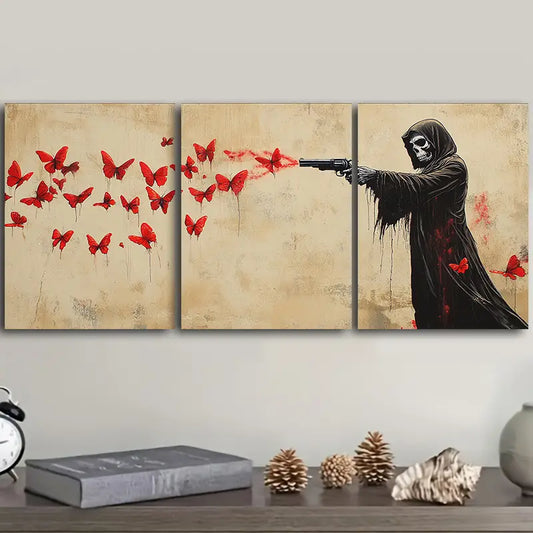 3pcs Death Shooting Red Butterflies Metal Print Ready to Hang Art