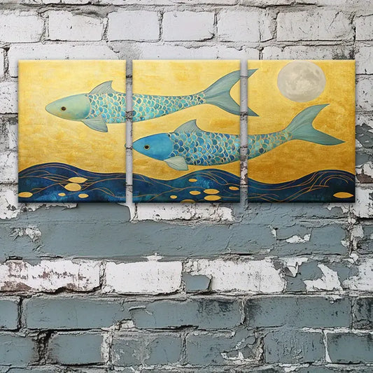 3pcs Magical Goldfish Abstract Yellow Blue Design Metal Print Ready to Hang Art