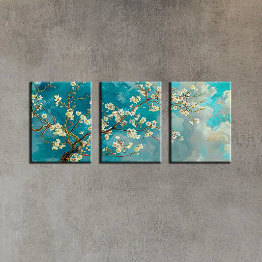 3pcs Beautiful Peach Blossom Blue White Design Metal Print Ready to Hang Art
