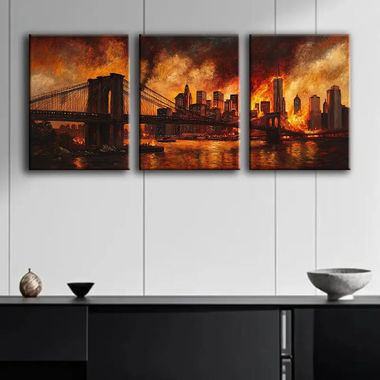 3pcs Abstract Bridge Architecture Dark Red Design Metal Print Ready to Hang Art