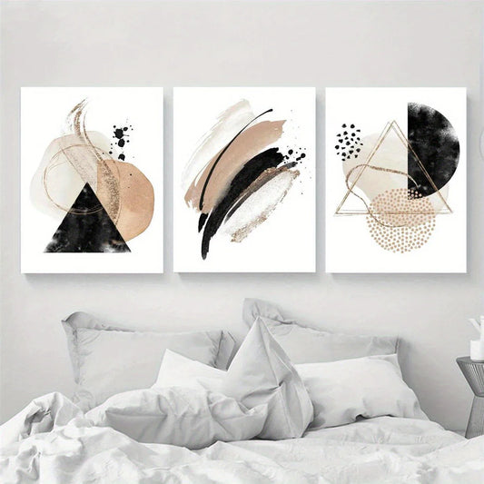 3pcs Abstract Geometric Beige, Golden, and Black Metal Print Ready to Hang Art