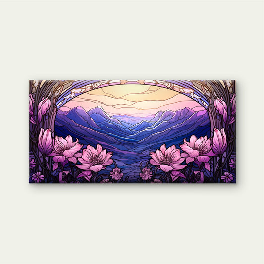Purple Mountain Pink Floral Wall Art Canvas Office Home Room Framed 80x45cm